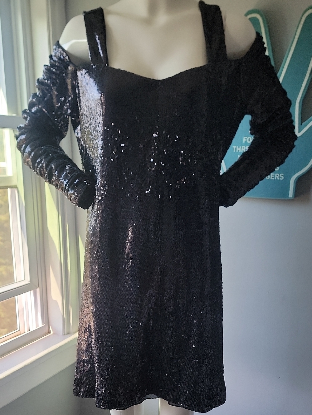 Maer!! Runway Black Sequin Cold-Shoulder Dress for Women